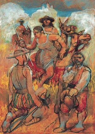 Las tres aldeanas, 2001. Mixta : cartón. 45,5 x 32,5 cm